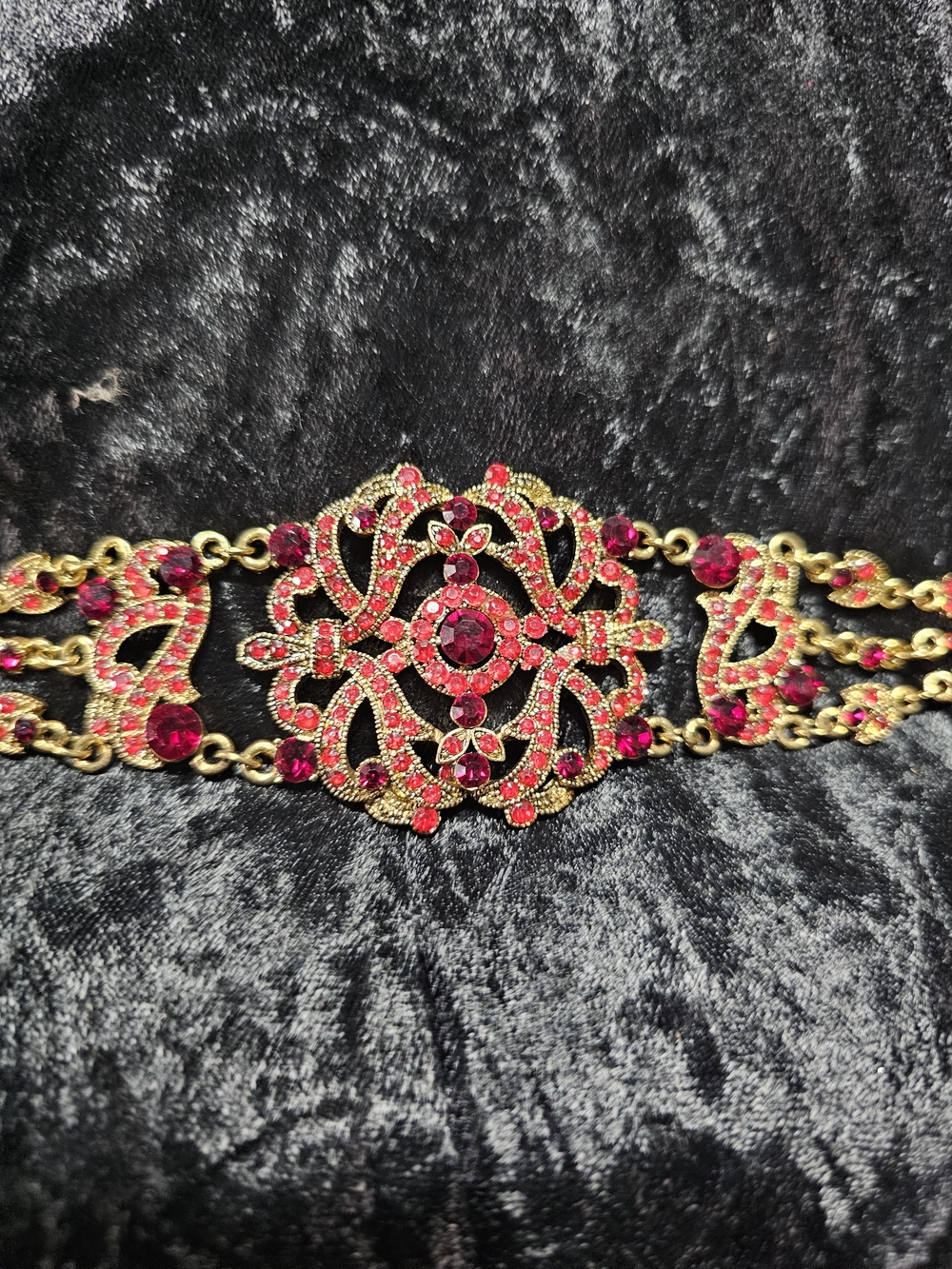 Gold-Tone Red Crystal Filigree Statement Bracelet